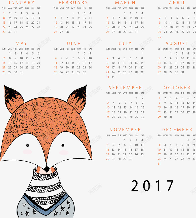 手绘小狐狸2017年日历矢量图eps免抠素材_新图网 https://ixintu.com 2017年 可爱 小狐狸 手绘 日历 矢量素材 矢量图