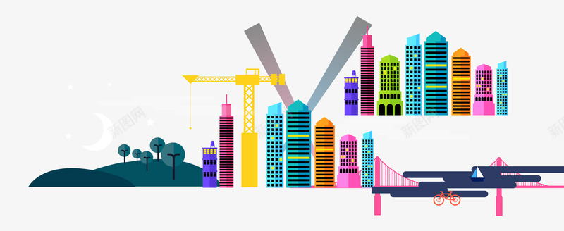 扁平化城市射线png免抠素材_新图网 https://ixintu.com AI格式 单车 天蓝色 摩天轮 热气球 青色