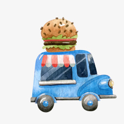蓝色餐车蓝色卡通汉堡快餐车矢量图高清图片