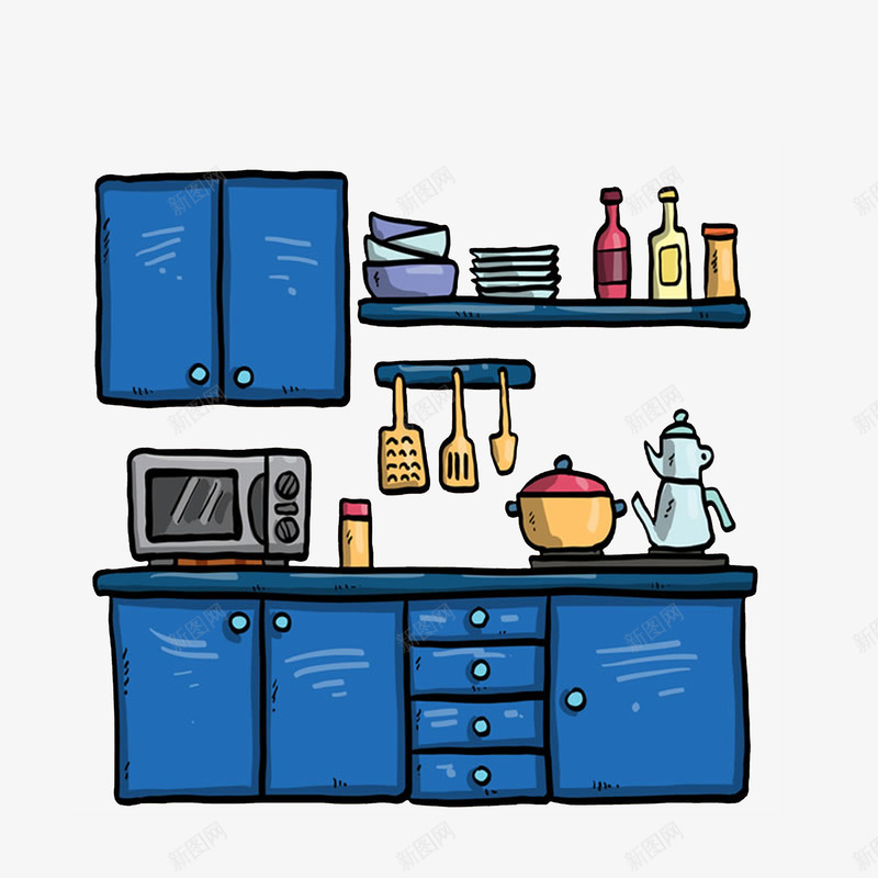 蓝色风格的彩绘厨房psd免抠素材_新图网 https://ixintu.com 厨房简笔画 彩绘厨房 碗 蓝色风格 调料瓶