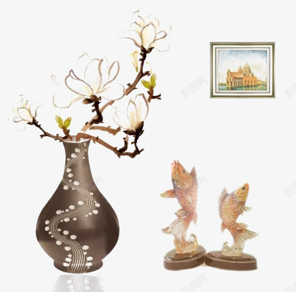 花瓶的美png免抠素材_新图网 https://ixintu.com 水墨 玉兰 花瓶 鲤鱼