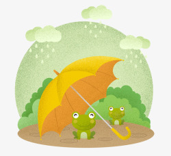 伞下躲雨卡通手绘伞下躲雨的青蛙高清图片