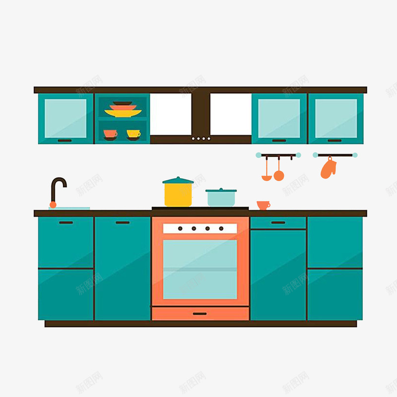 厨房psd免抠素材_新图网 https://ixintu.com 厨房简笔画 厨房设计 扁平化 蓝色主色调