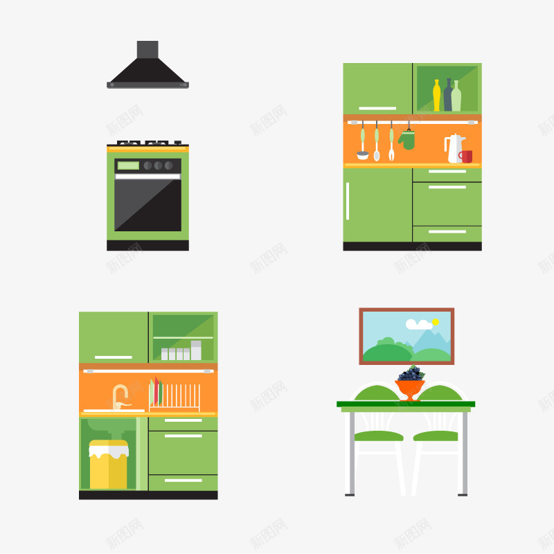 厨房家具png免抠素材_新图网 https://ixintu.com 厨房 家具 家居 简约 绿色