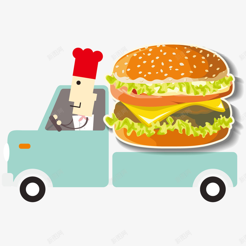 卡通运送汉堡矢量图ai免抠素材_新图网 https://ixintu.com 厨师 司机 汉堡 海报 运送 餐厅 矢量图