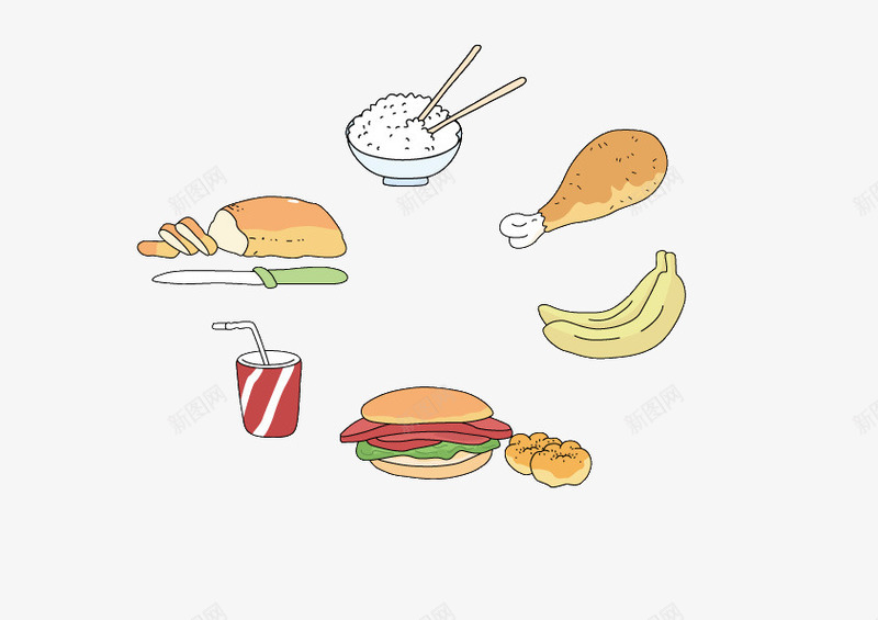 卡通快餐食物png免抠素材_新图网 https://ixintu.com 卡通食物 快餐 汉堡 米饭 食物 鸡腿