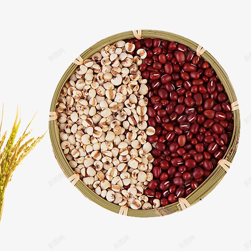 编织筐里的薏米psd免抠素材_新图网 https://ixintu.com 白色的薏米 粮食 红色的薏米 编织筐 里的薏米 黄色的麦子装饰