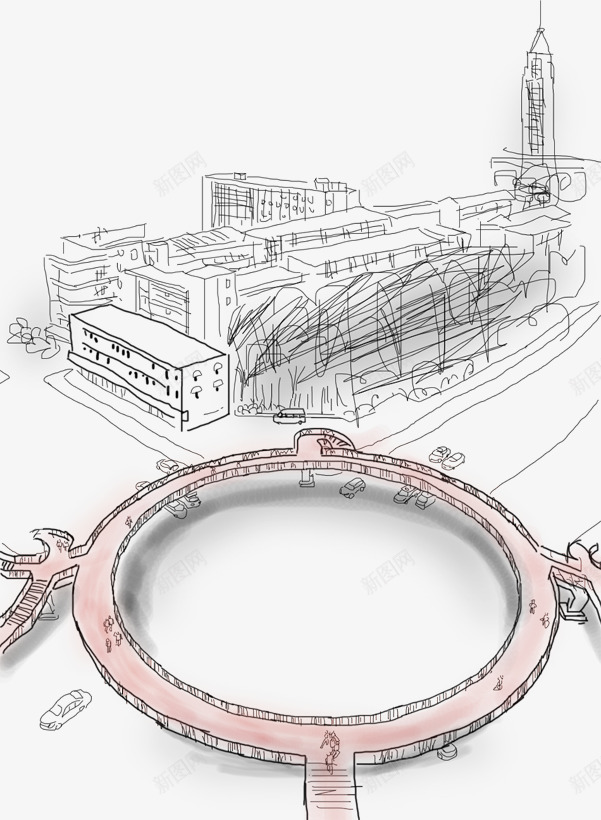 街道场景png免抠素材_新图网 https://ixintu.com 建筑 手绘 桥梁 画画 素描 绘画