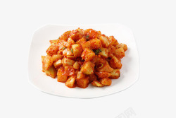 韩国辣炒年糕盘子上的辣萝卜干高清图片