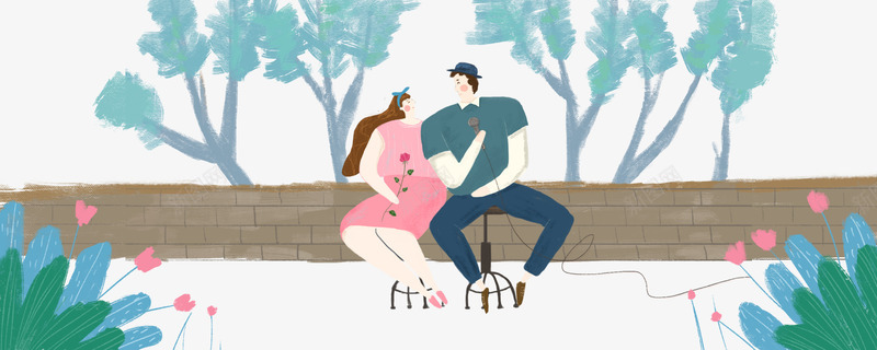 卡通手绘坐着的情侣psd免抠素材_新图网 https://ixintu.com 卡通 坐着的情侣 手绘 手绘花园 树木装饰 绿叶装饰