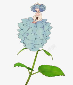 蓝裙小礼服手绘叶子上的女孩高清图片