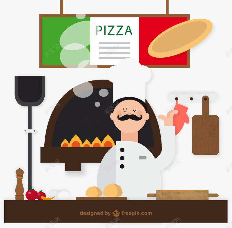 意大利厨师插画png免抠素材_新图网 https://ixintu.com 厨房厨师意大利披萨蔬菜菜板男子擀面棍矢量图