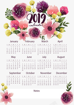 花丛日历紫色手绘新年日历矢量图高清图片