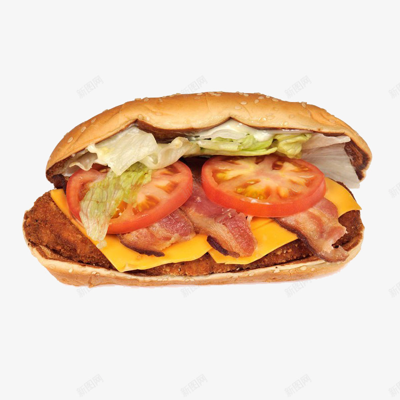 新鲜美味的汉堡包png免抠素材_新图网 https://ixintu.com 培根 汉堡包 番茄 白菜 肉片 面包
