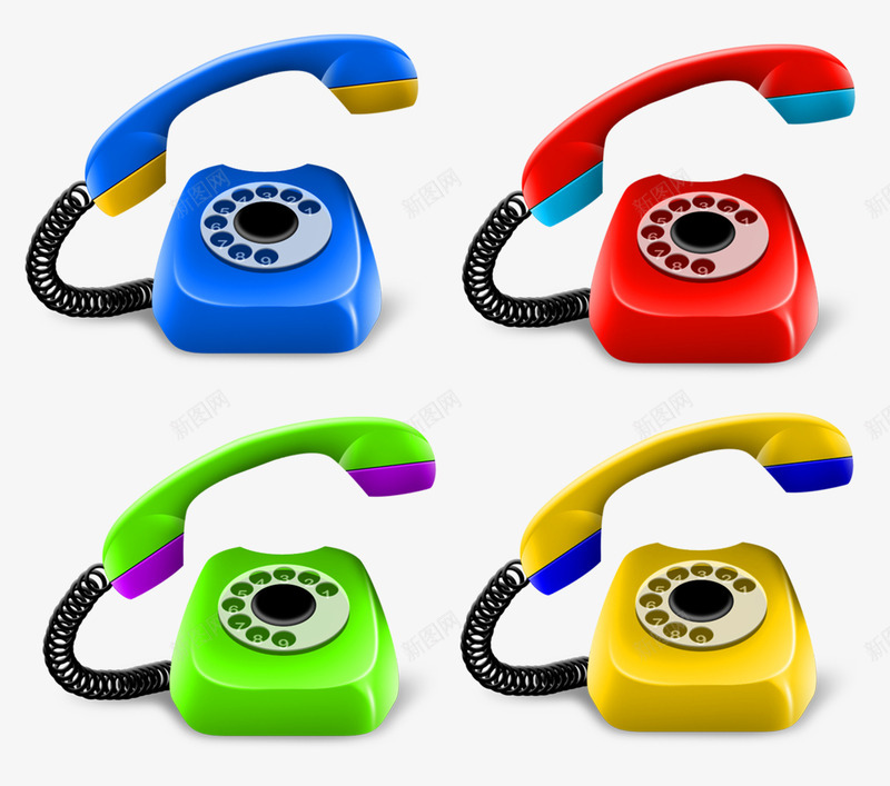 4色老式电话psd免抠素材_新图网 https://ixintu.com 电话 红色 绿色 老式电话 蓝色 黄色