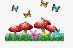 夏日草丛蘑菇蝴蝶矢量图素材