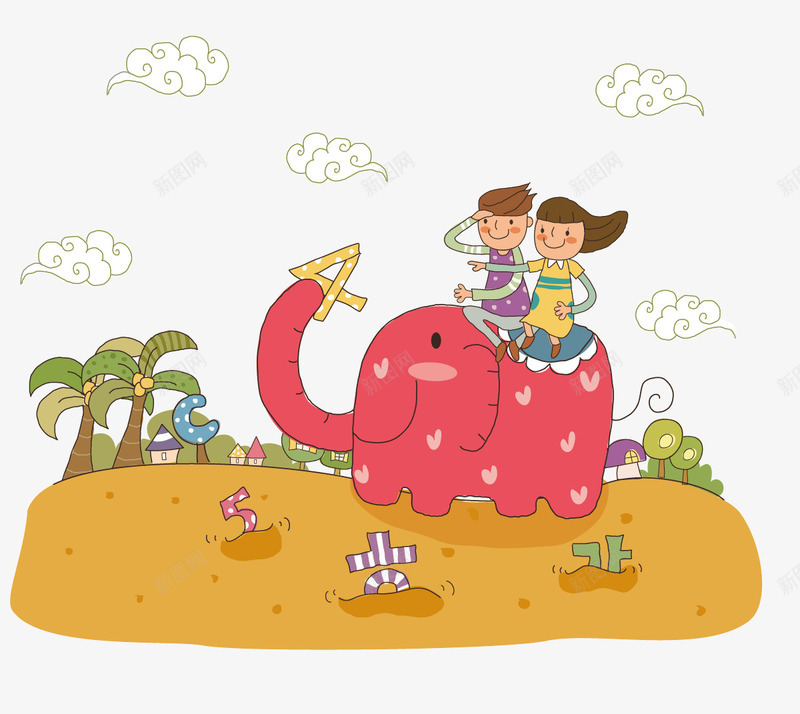 骑大象的小孩png免抠素材_新图网 https://ixintu.com 动物 卡通插画 大象 骑大象的小孩