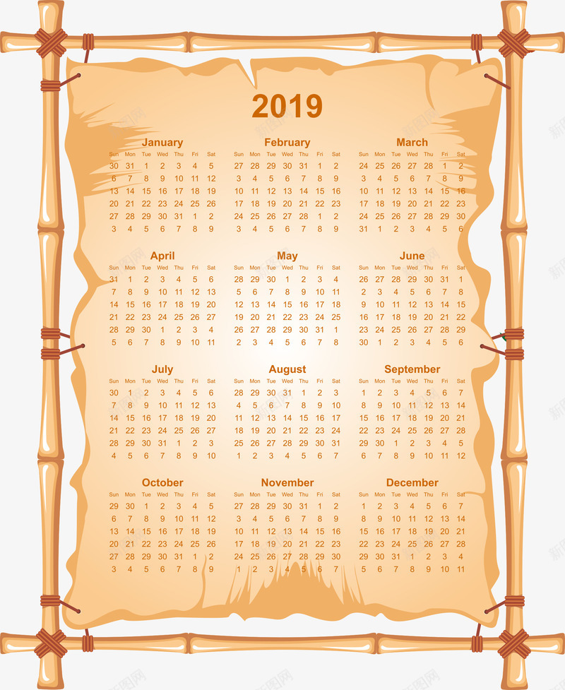 竹竿2019日历图psd免抠素材_新图网 https://ixintu.com 2019日历 可爱风格 实用 竹竿 简约款 通用