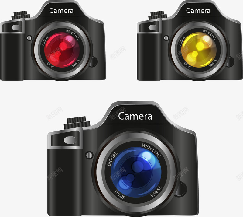 手绘三个黑色照相机png免抠素材_新图网 https://ixintu.com 佳能相机 写实 手绘 装饰 镜头 黑色照相机