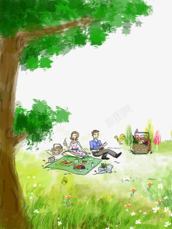 卡通手绘春季树下玩耍的人们素材