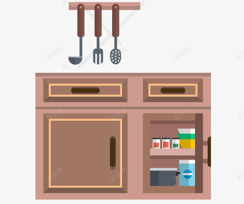 厨房橱柜png免抠素材_新图网 https://ixintu.com 创意橱柜 勺子 厨房 工具 橱柜