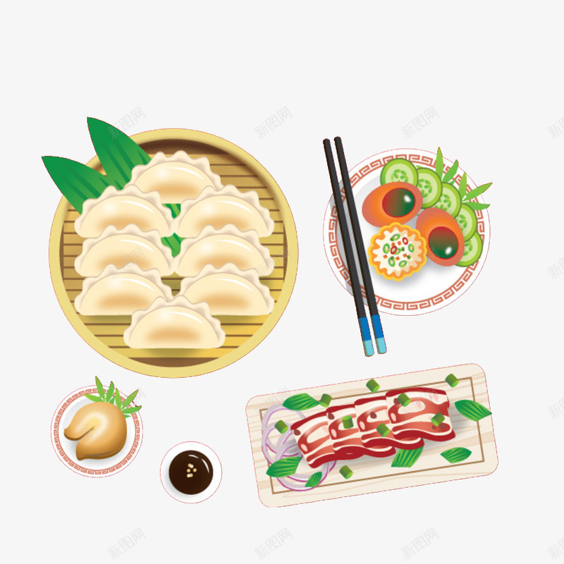 卡通一桌美食图png免抠素材_新图网 https://ixintu.com 卡通 手绘 插图 烤肉 筷子 美食 蘸料 饺子