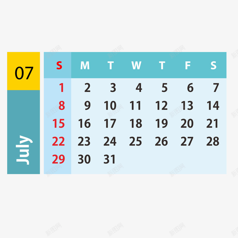 蓝黄色2019年7月日历矢量图ai免抠素材_新图网 https://ixintu.com 2019年 7月 7月日历 红色 蓝色 黄色 黑色 矢量图