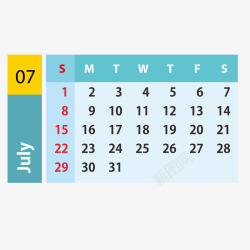蓝黄色2019年7月日历矢量图素材