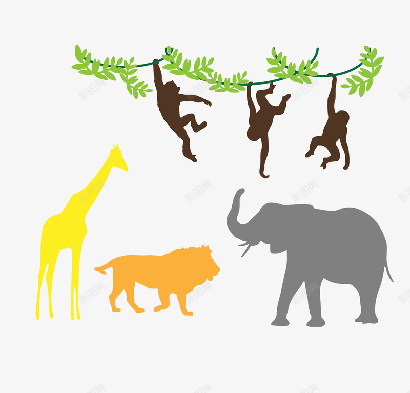 动物园插画png免抠素材_新图网 https://ixintu.com 创意 动物园 大象 插画 树叶 猴子