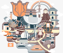 卡通手绘特色香港旅游插画素材