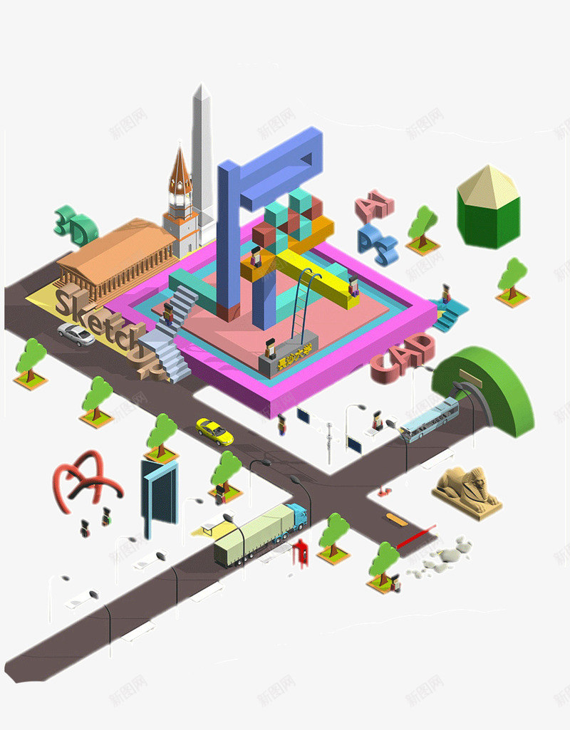 卡通创意街道建筑png免抠素材_新图网 https://ixintu.com 创意 卡通 建筑 街道