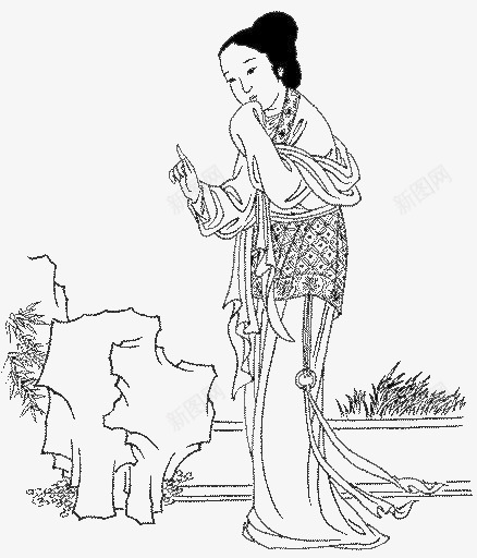 古代女子png免抠素材_新图网 https://ixintu.com 一位 假山 卡通 女子 手绘 白色 素描 草丛 黑色