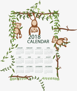 树叶猴子2018日历矢量图素材
