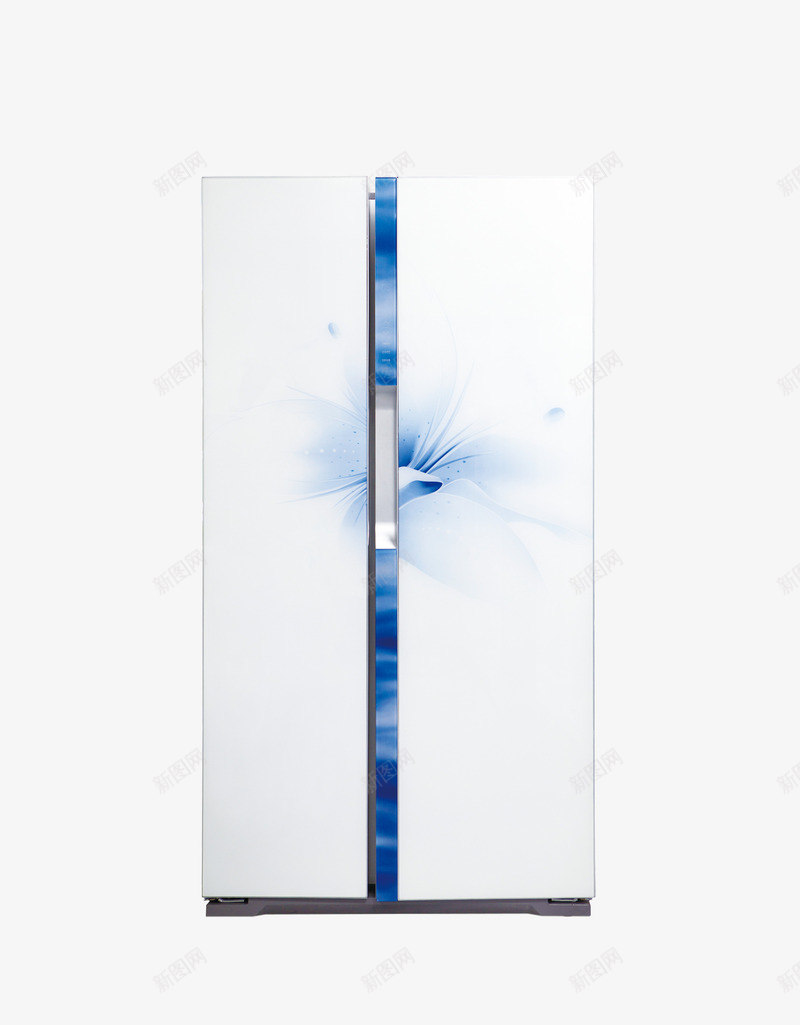 白色有蓝色图案的对开门冰箱png免抠素材_新图网 https://ixintu.com 冰箱 家用电器 家电 对开门冰箱 电冰箱 电器