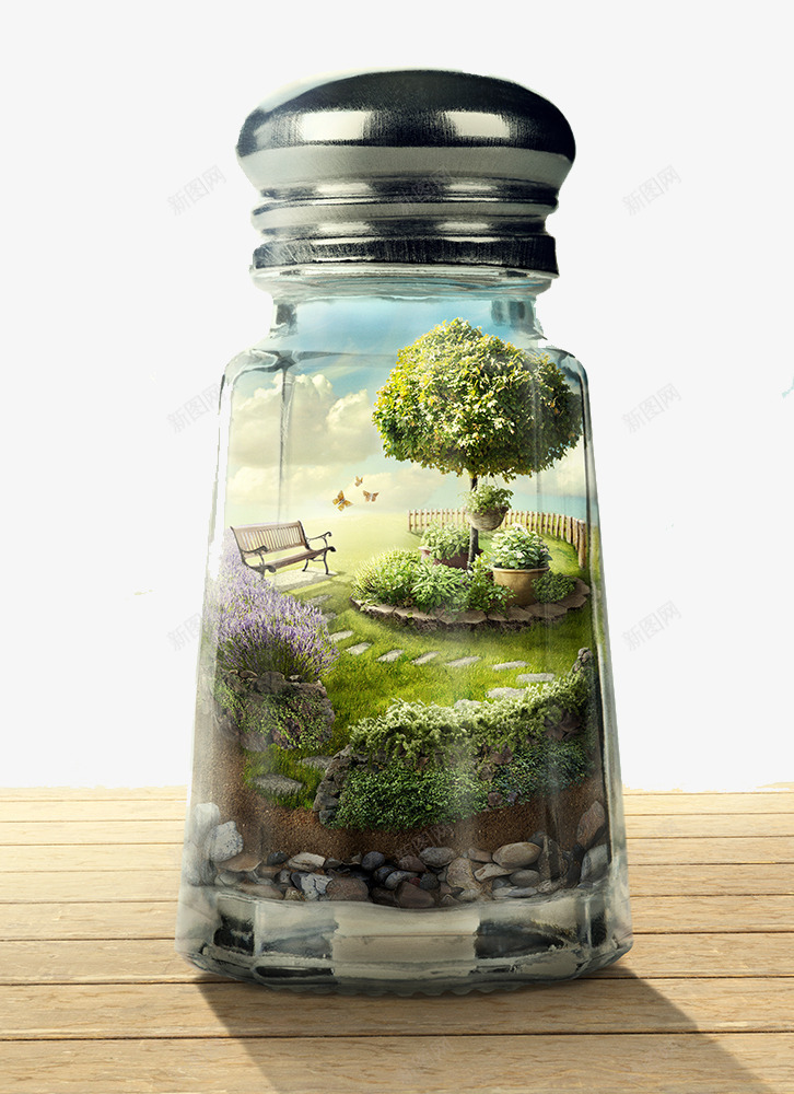 装满风景的瓶子png免抠素材_新图网 https://ixintu.com 创意海报素材 玻璃瓶 瓶子 花园 风景