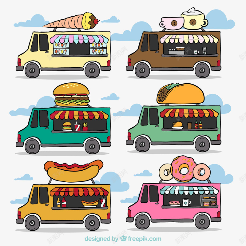6款移动餐车png免抠素材_新图网 https://ixintu.com 冰淇淋 汉堡包 热狗 甜甜圈 移动餐车 餐车