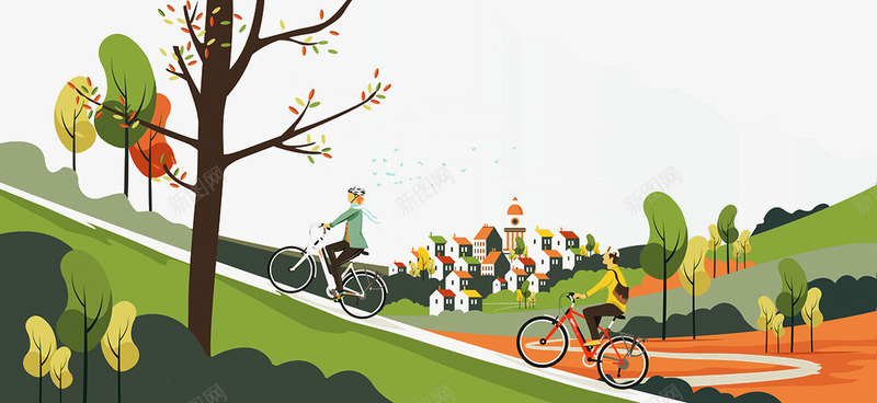 手绘山村街道和骑车的人png免抠素材_新图网 https://ixintu.com 手绘山村 街道 骑车的人