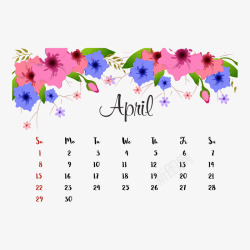 2018年4月红蓝色花朵2018年4月日历矢量图高清图片