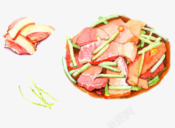中餐手绘手绘蒜苔腊肉高清图片