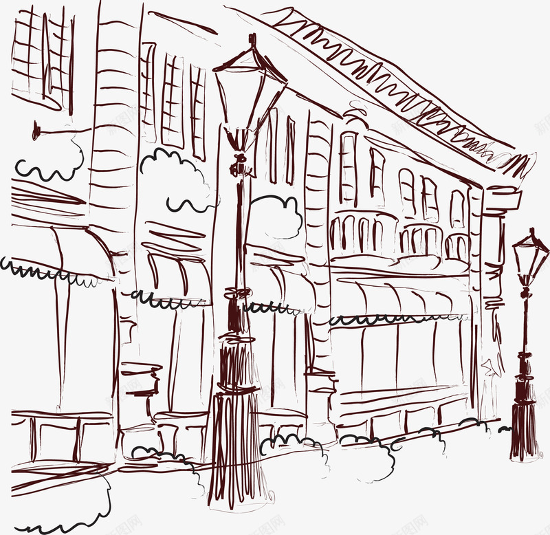 手绘素描街道的建筑png免抠素材_新图网 https://ixintu.com 建筑 素描 素描街景 街道