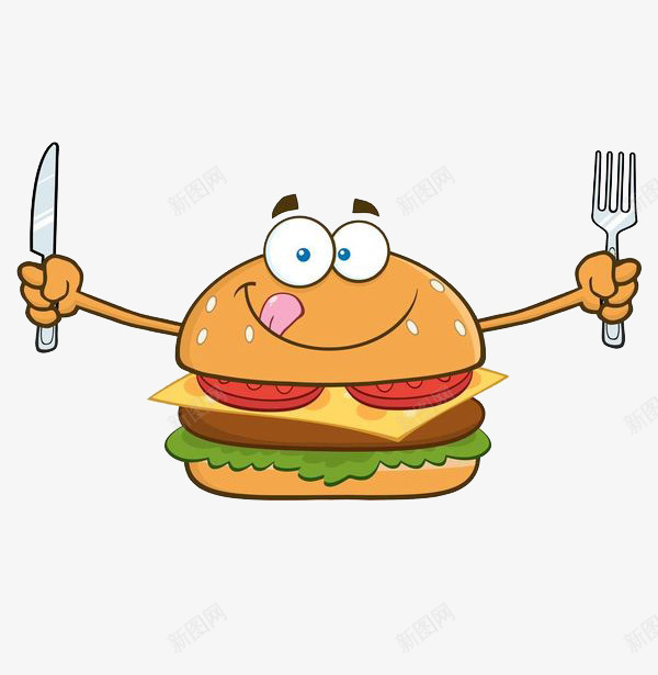 拿着刀叉的汉堡png免抠素材_新图网 https://ixintu.com 卡通 吃饭 嘴馋 夹层 快餐 汉堡 美味 美食 肉 脂肪 面包 食物