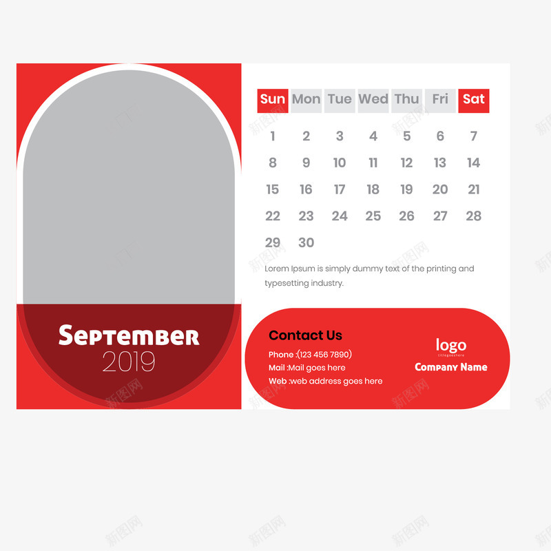 红白色2019年9月日历矢量图ai免抠素材_新图网 https://ixintu.com 2019年 9月 9月日历 日常 白色 红白色日历 红色 矢量图