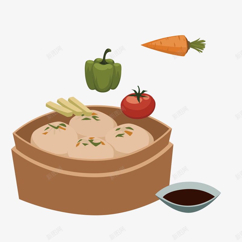 蒸笼肉包子矢量图eps免抠素材_新图网 https://ixintu.com 特色早点 美食街 胡萝卜 菜椒 酱汁 矢量图