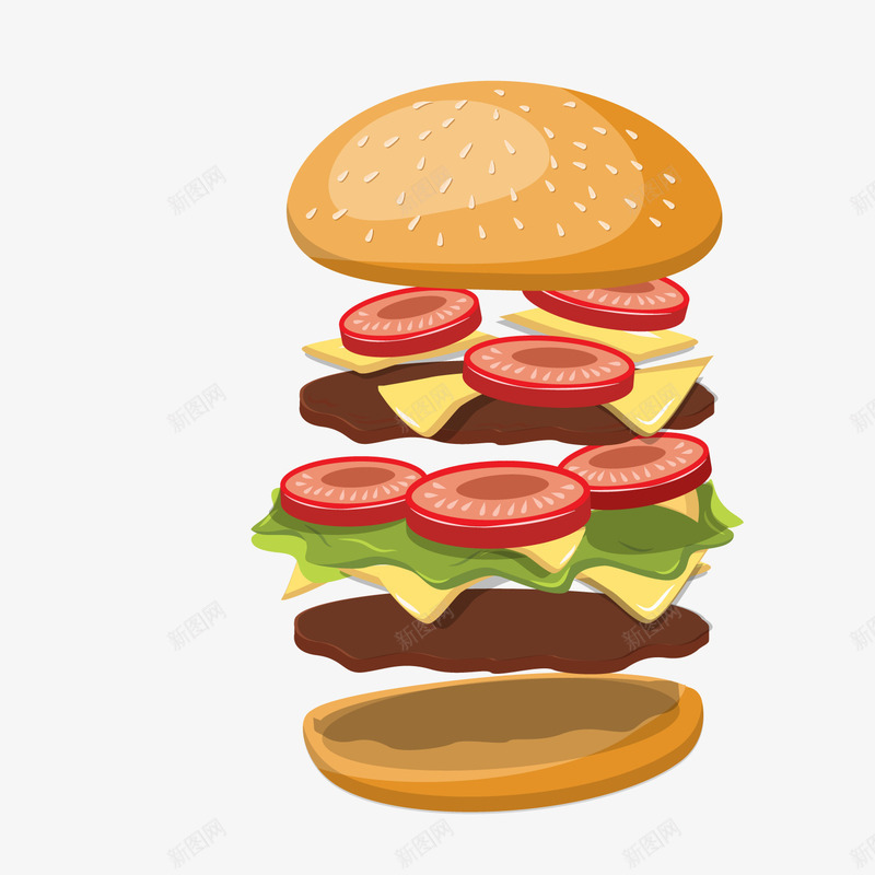 卡通汉堡包分解图png免抠素材_新图网 https://ixintu.com 卡通汉堡 卡通食物 汉堡包 汉堡包分解图 背景装饰