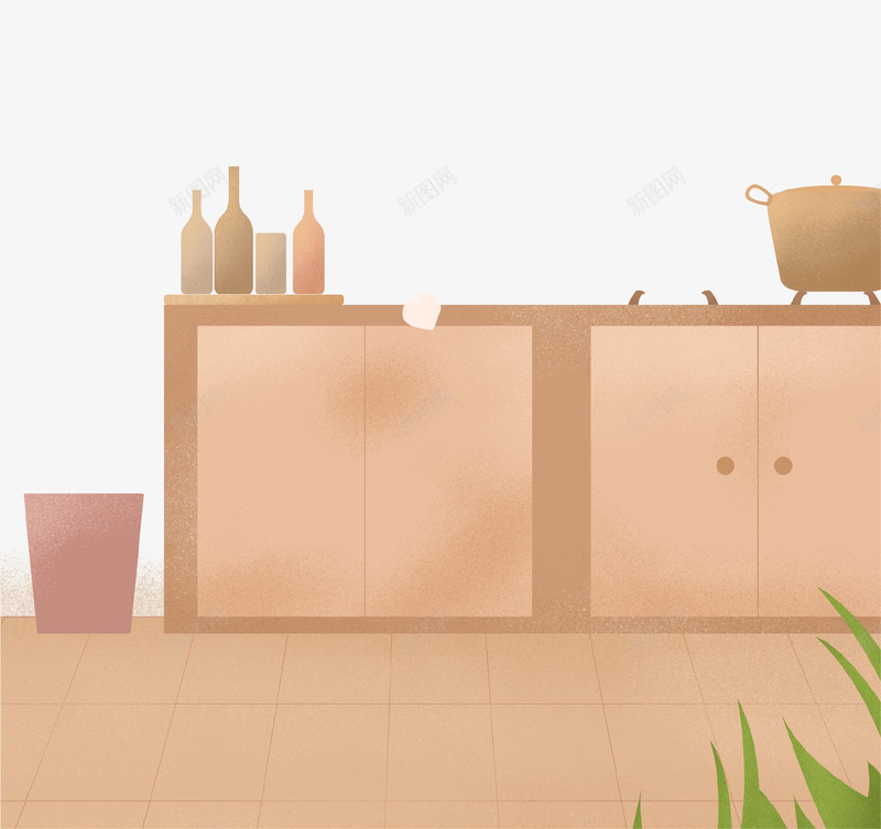 手绘厨房插画psd免抠素材_新图网 https://ixintu.com 厨具 厨房 家的味道 手绘 插画 柜子 调料