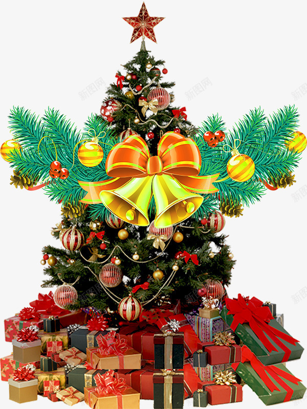 实物装饰圣诞树png免抠素材_新图网 https://ixintu.com 实物圣诞树 松枝 松针 花饰圣诞树 装饰 铃铛