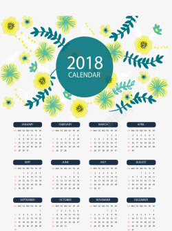 黄色花朵2018日历矢量图素材