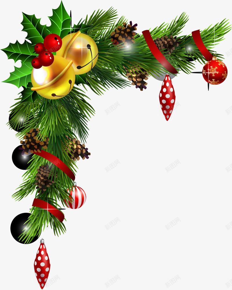 圣诞节金色铃铛装饰png免抠素材_新图网 https://ixintu.com 圣诞节铃铛 棕色松果 红色圣诞球 绿色松叶 色铃铛装饰 金铃铛