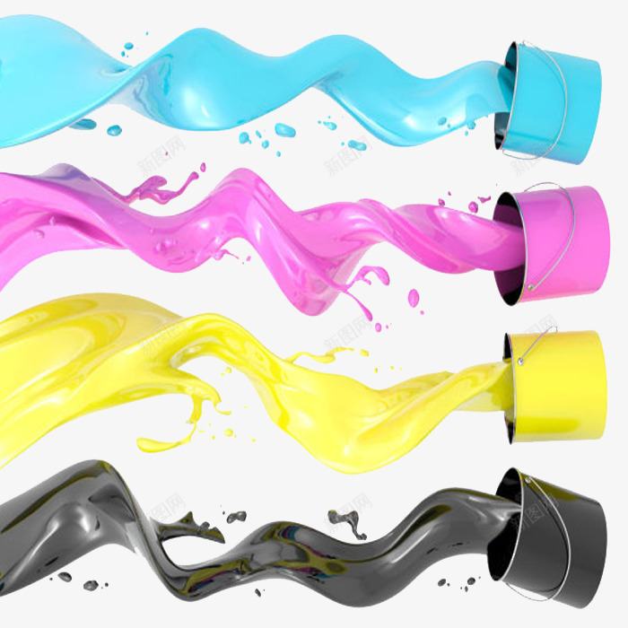 颜料桶创意图案png免抠素材_新图网 https://ixintu.com 粉色 蓝色 颜料桶创意图案 黄色 黑色 黑色涂料