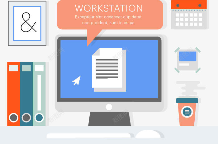 办公场景和元素png免抠素材_新图网 https://ixintu.com 咖啡杯 挂画 文件夹 日历 电脑